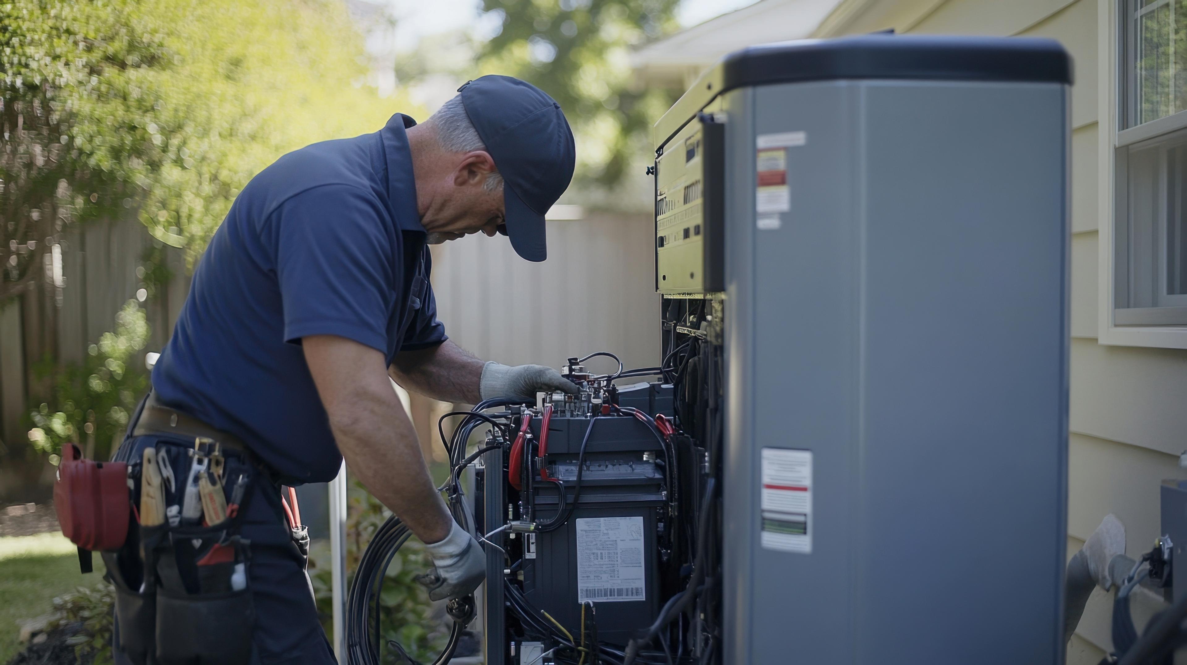 Technician servicing an outdoor electrical/mechanical unit