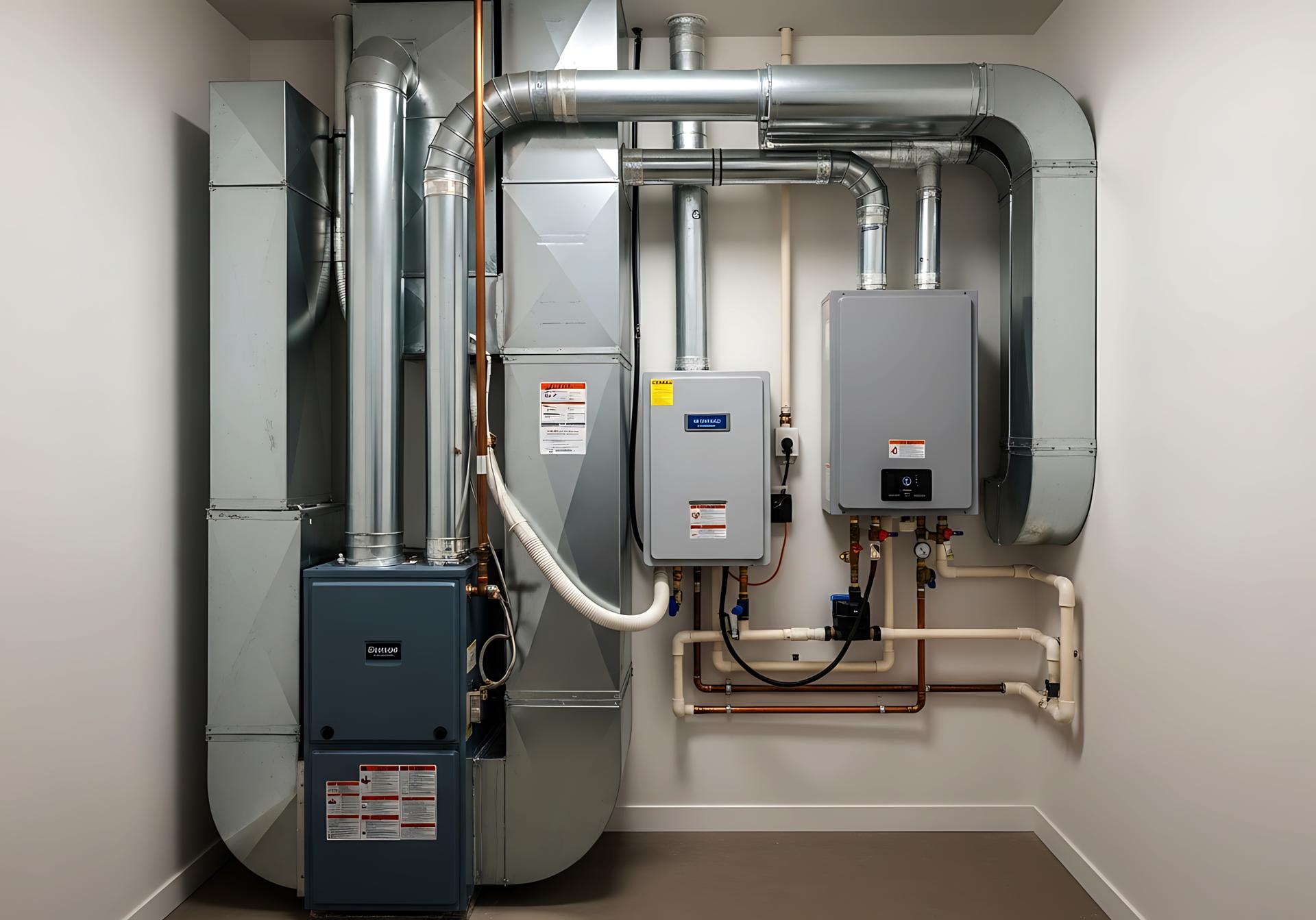 Furnace, tankless water heaters and ductwork in a mechanical room
